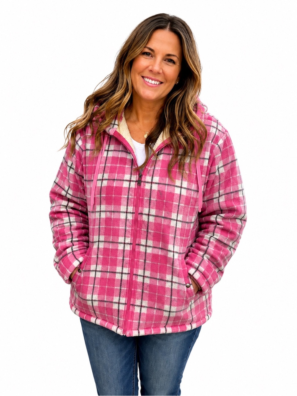 Plaid Pink Fleece Zip-Up Jacket - Women